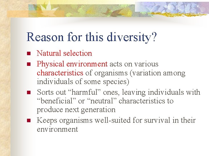 Reason for this diversity? n n Natural selection Physical environment acts on various characteristics