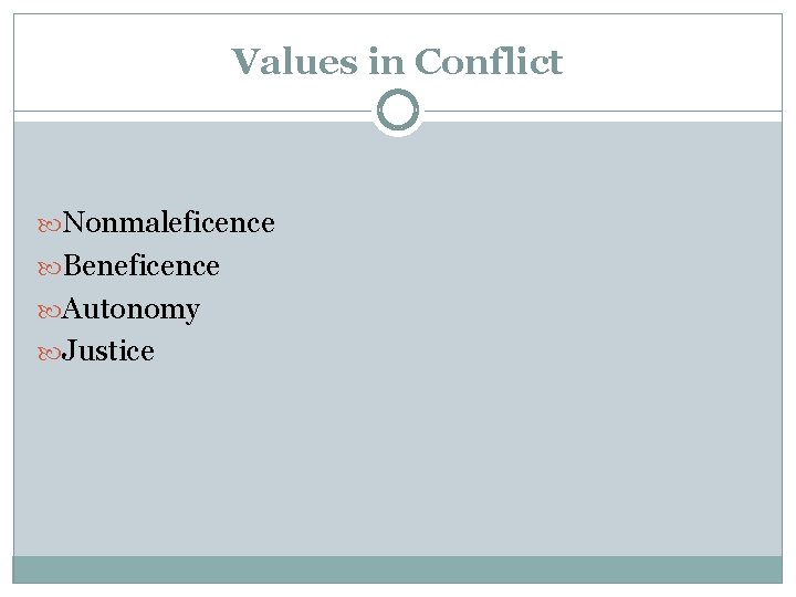 Values in Conflict Nonmaleficence Beneficence Autonomy Justice Values in Conflict Nonmaleficence Beneficence Autonomy Justice