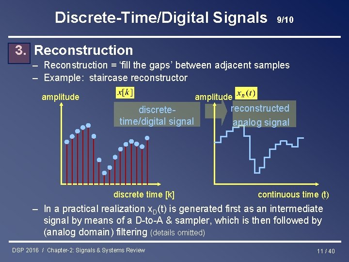 Discrete-Time/Digital Signals 9/10 3. Reconstruction – Reconstruction = ‘fill the gaps’ between adjacent samples