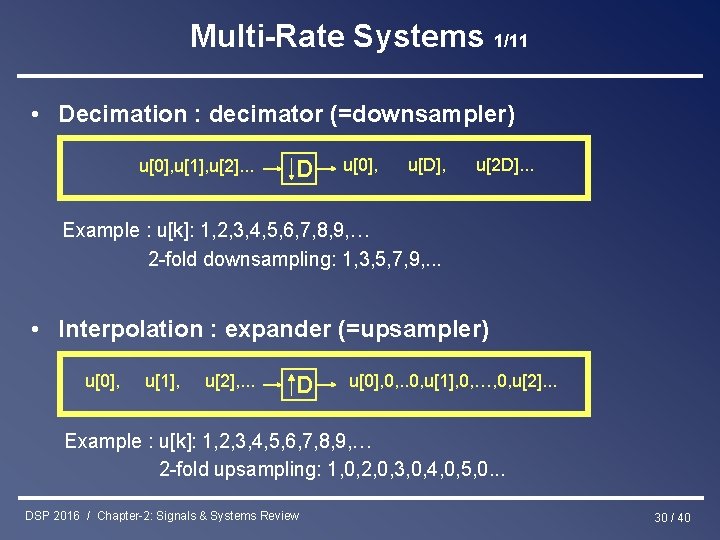 Multi-Rate Systems 1/11 • Decimation : decimator (=downsampler) u[0], u[1], u[2]. . . D