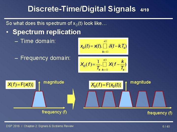 Discrete-Time/Digital Signals 4/10 So what does this spectrum of x. D(t) look like… •