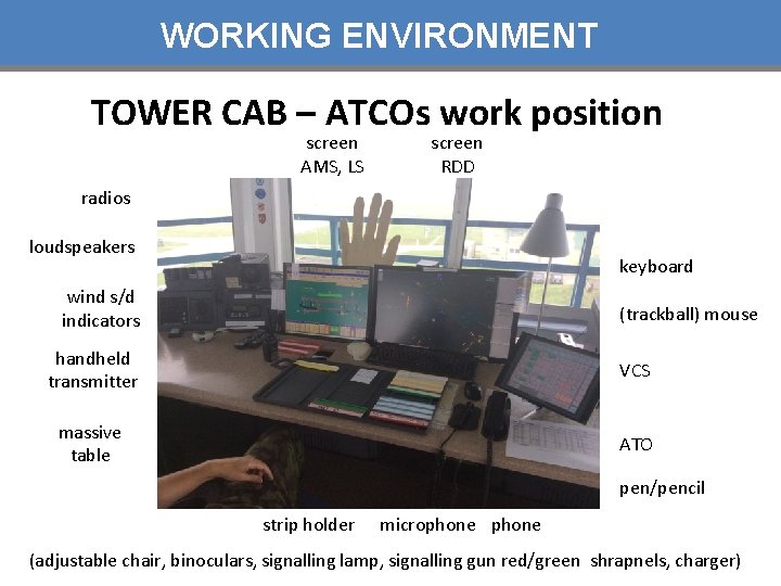 WORKING ENVIRONMENT TOWER CAB – ATCOs work position screen AMS, LS screen RDD radios