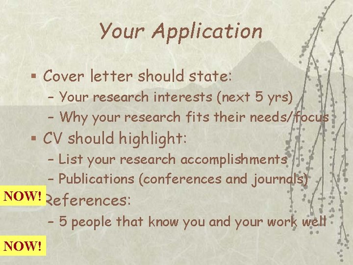 Your Application § Cover letter should state: – Your research interests (next 5 yrs)