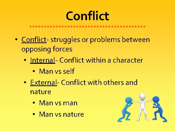 Conflict • Conflict- struggles or problems between opposing forces • Internal- Conflict within a