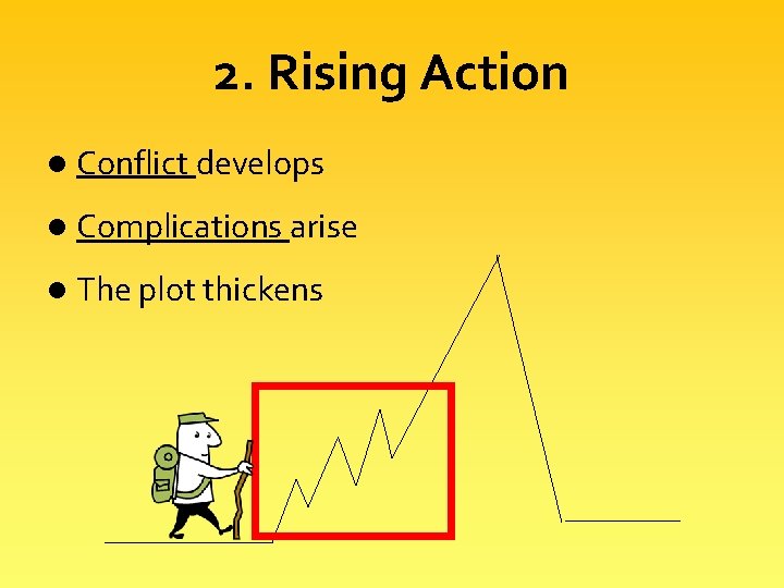 2. Rising Action l Conflict develops l Complications arise l The plot thickens 