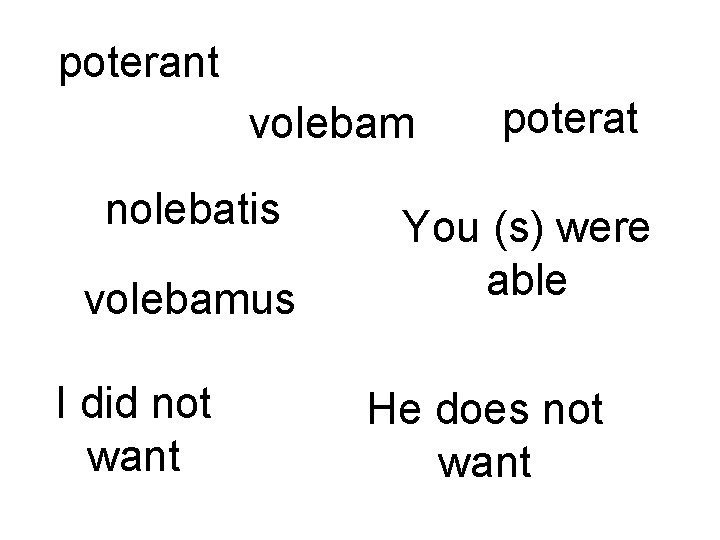 poterant volebam nolebatis volebamus I did not want poterat You (s) were able He