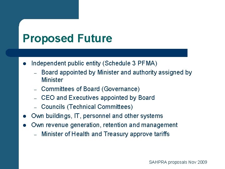 Proposed Future l l l Independent public entity (Schedule 3 PFMA) – Board appointed