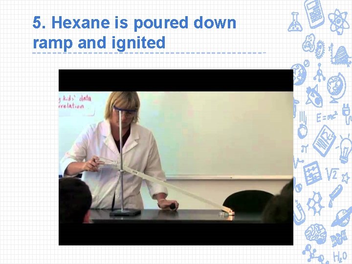 5. Hexane is poured down ramp and ignited 