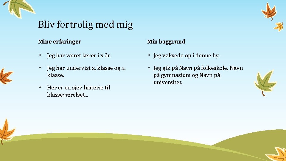 Bliv fortrolig med mig Mine erfaringer Min baggrund • Jeg har været lærer i