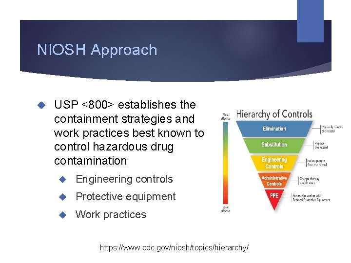 NIOSH Approach USP <800> establishes the containment strategies and work practices best known to