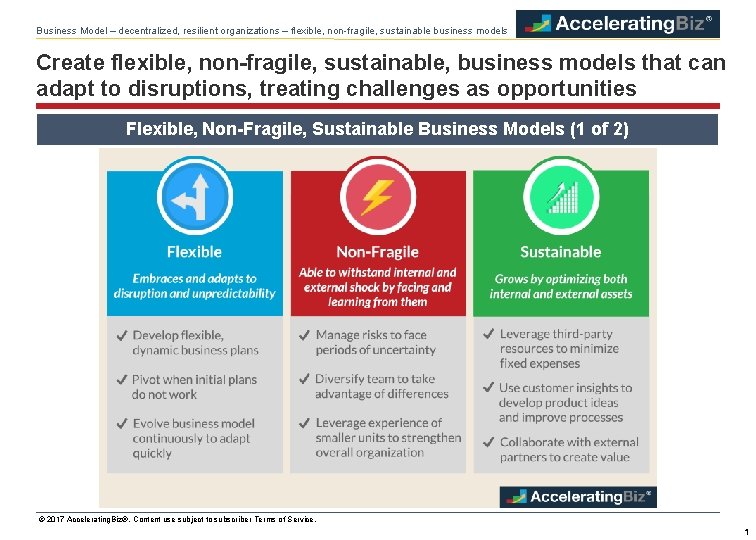 Business Model – decentralized, resilient organizations – flexible, non-fragile, sustainable business models Create flexible,