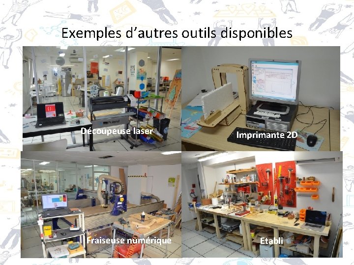 Exemples d’autres outils disponibles Découpeuse laser Fraiseuse numérique Imprimante 2 D Etabli 