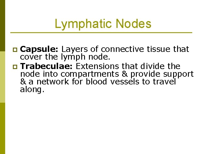 Lymphatic Nodes Capsule: Layers of connective tissue that cover the lymph node. p Trabeculae: