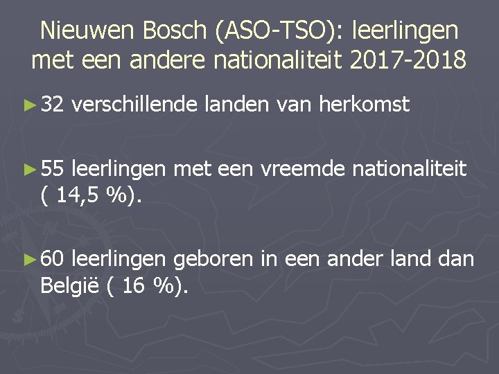 Nieuwen Bosch (ASO-TSO): leerlingen met een andere nationaliteit 2017 -2018 ► 32 verschillende landen