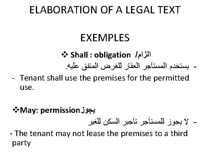 ELABORATION OF A LEGAL TEXT EXEMPLES v Shall : obligation / ﺍﻟﺰﺍﻡ . ﻳﺴﺘﺨﺪﻡ