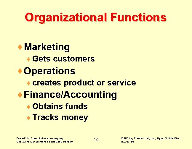 Organizational Functions ¨Marketing ¨ Gets customers ¨Operations ¨ creates product or service ¨Finance/Accounting ¨