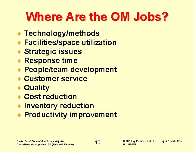 Where Are the OM Jobs? ¨ Technology/methods ¨ Facilities/space utilization ¨ Strategic issues ¨