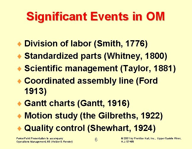 Significant Events in OM ¨ Division of labor (Smith, 1776) ¨ Standardized parts (Whitney,