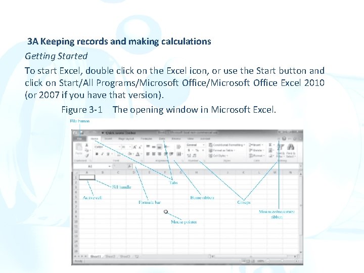 3 A Keeping records and making calculations Getting Started To start Excel, double click