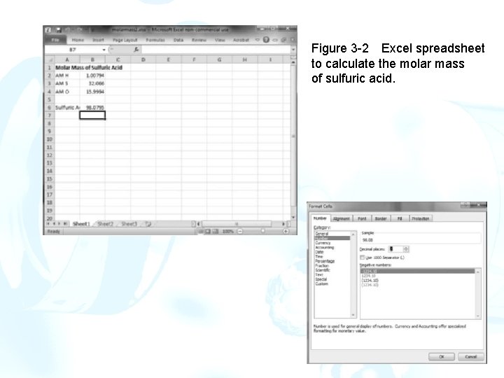 Figure 3 -2 Excel spreadsheet to calculate the molar mass of sulfuric acid. 