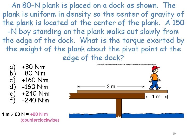 An 80 -N plank is placed on a dock as shown. The plank is