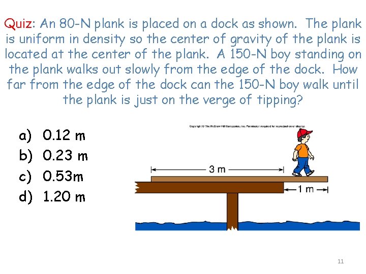 Quiz: An 80 -N plank is placed on a dock as shown. The plank