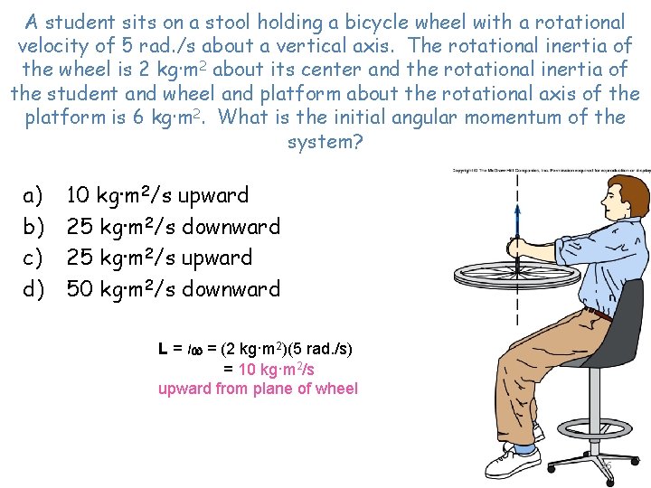 A student sits on a stool holding a bicycle wheel with a rotational velocity