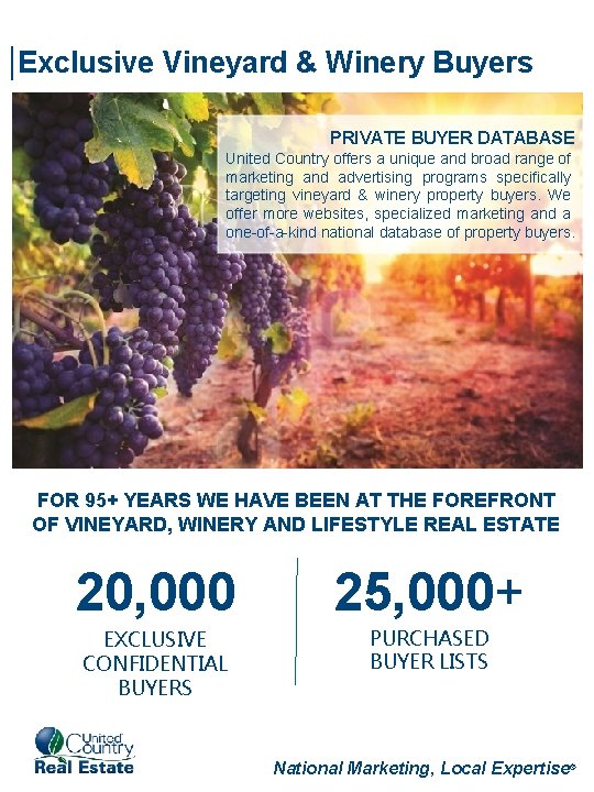 |Exclusive Vineyard & Winery Buyers PRIVATE BUYER DATABASE United Country offers a unique and