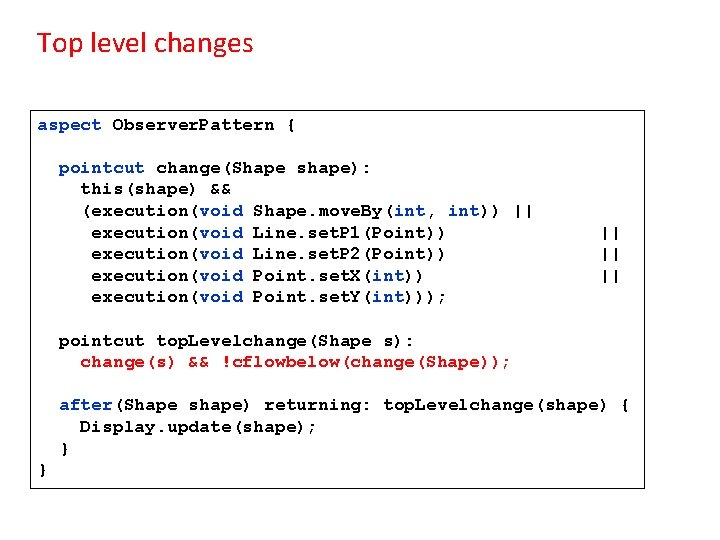 Top level changes aspect Observer. Pattern { pointcut change(Shape shape): this(shape) && (execution(void Shape.