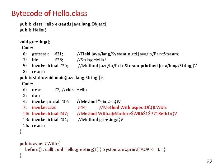 Bytecode of Hello. class public class Hello extends java. lang. Object{ public Hello(); ……