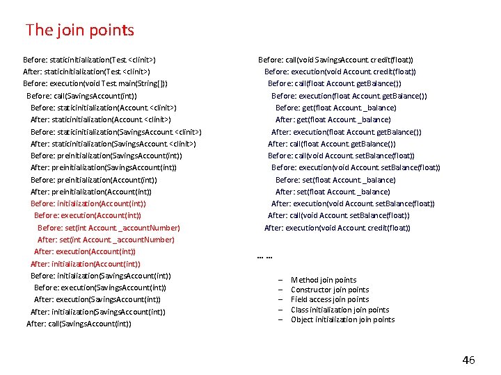 The join points Before: staticinitialization(Test. <clinit>) After: staticinitialization(Test. <clinit>) Before: execution(void Test. main(String[])) Before: