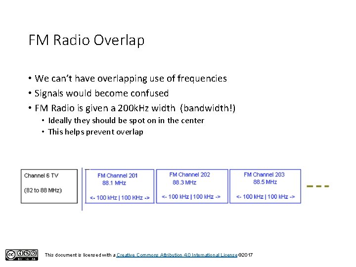 FM Radio Overlap • We can’t have overlapping use of frequencies • Signals would