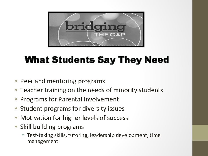 What Students Say They Need • • • Peer and mentoring programs Teacher training