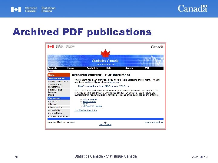 Archived PDF publications 10 Statistics Canada • Statistique Canada 2021 -09 -10 