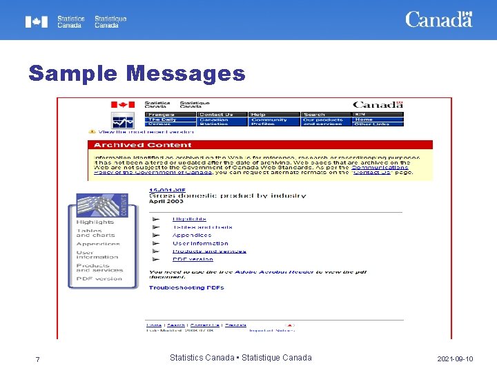 Sample Messages 7 Statistics Canada • Statistique Canada 2021 -09 -10 