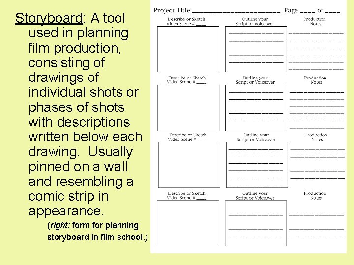 Storyboard: A tool used in planning film production, consisting of drawings of individual shots