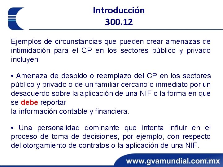 Introducción 300. 12 Ejemplos de circunstancias que pueden crear amenazas de intimidación para el