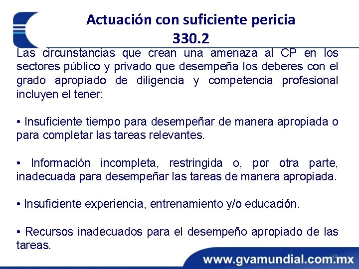 Actuación con suficiente pericia 330. 2 Las circunstancias que crean una amenaza al CP