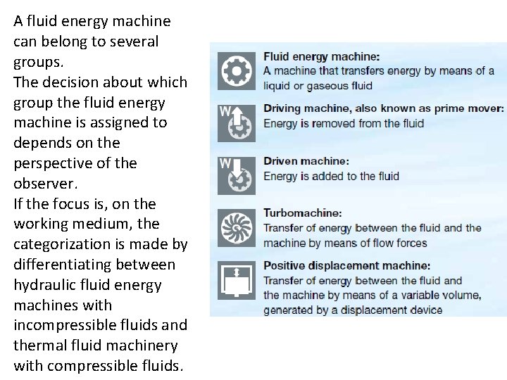 A fluid energy machine can belong to several groups. The decision about which group