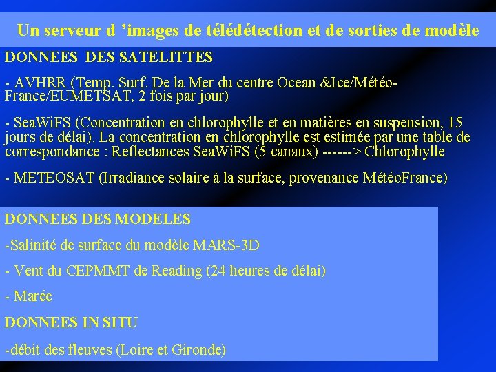 Un serveur d ’images de télédétection et de sorties de modèle DONNEES DES SATELITTES