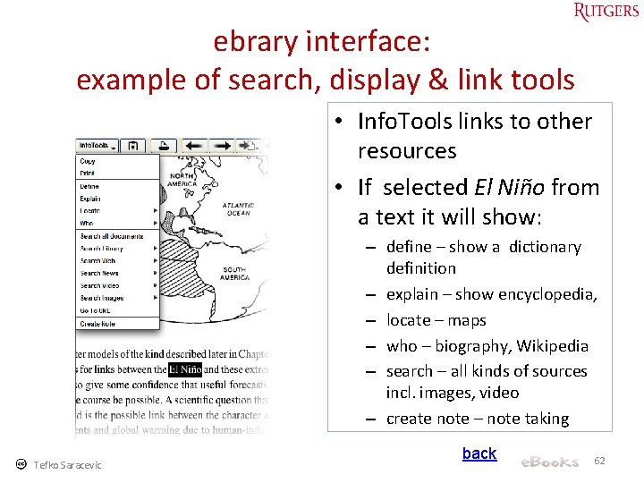 ebrary interface: example of search, display & link tools • Info. Tools links to