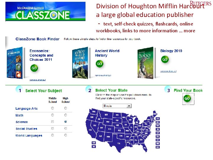 Division of Houghton Mifflin Harcourt a large global education publisher - text, self-check quizzes,