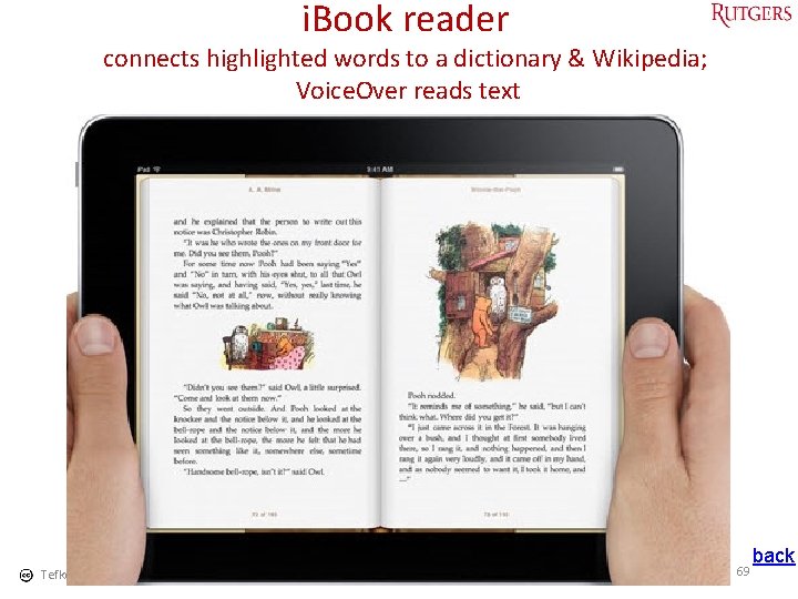 i. Book reader connects highlighted words to a dictionary & Wikipedia; Voice. Over reads
