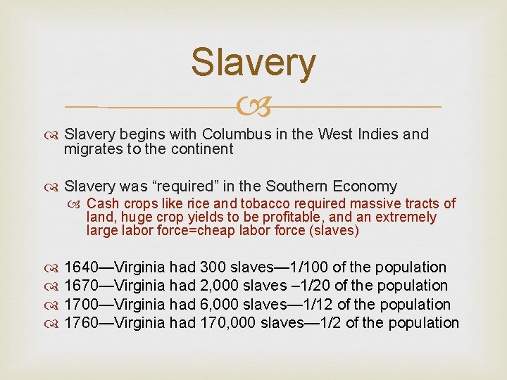 Slavery begins with Columbus in the West Indies and migrates to the continent Slavery