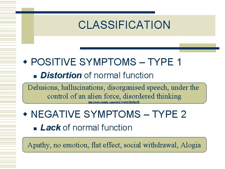 CLASSIFICATION w POSITIVE SYMPTOMS – TYPE 1 n Distortion of normal function Delusions, hallucinations,