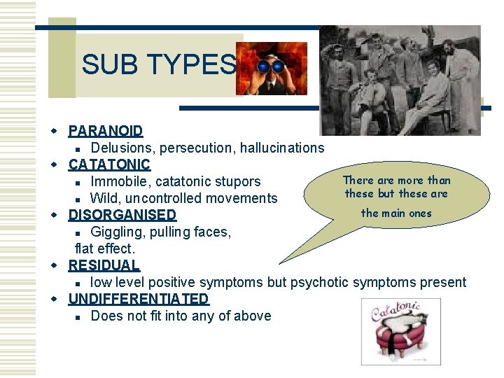 SUB TYPES w PARANOID n Delusions, persecution, hallucinations w CATATONIC There are more than