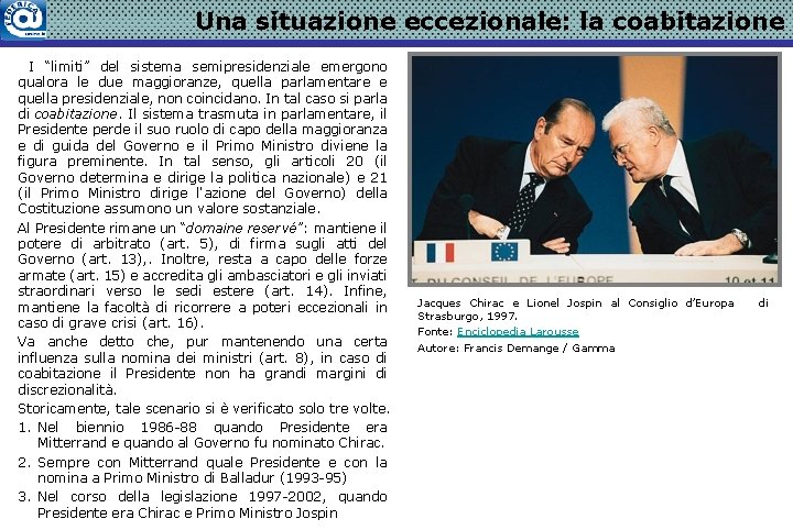 Una situazione eccezionale: la coabitazione I “limiti” del sistema semipresidenziale emergono qualora le due