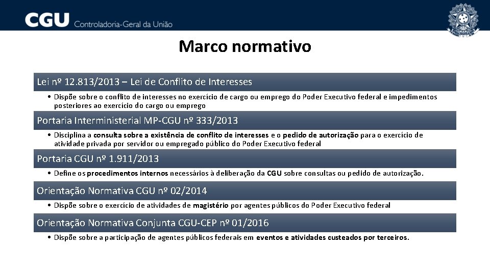 Marco normativo Lei nº 12. 813/2013 – Lei de Conflito de Interesses • Dispõe