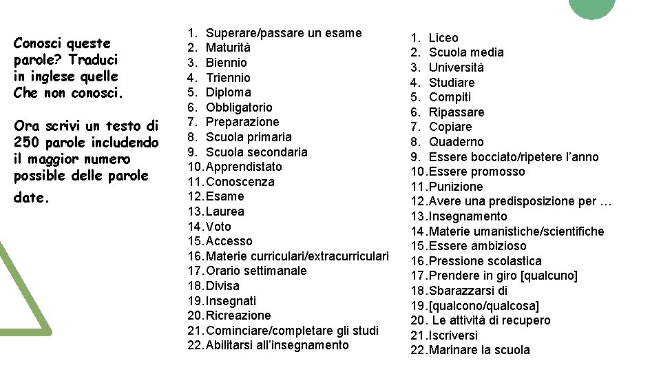 Conosci queste parole? Traduci in inglese quelle Che non conosci. Ora scrivi un testo