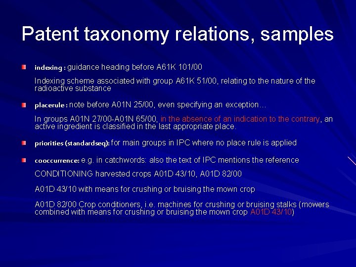 Patent taxonomy relations, samples indexing : guidance heading before A 61 K 101/00 Indexing